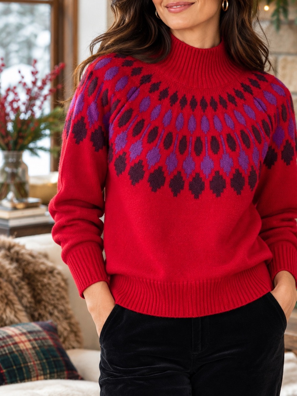 Ann Taylor Red Fair Isle Mock Neck Sweater Wool Blend Size M